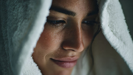 Close-up of a sweaty woman after an intense workout, wrapped in a white towel, resting and recovering.の素材