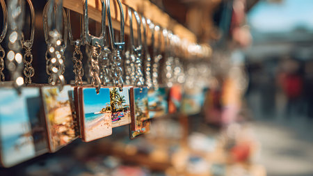Close-up of souvenir keychains hanging on a display rack, featuring beach and tropical scenes, perfect for travel memories.の素材