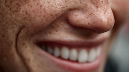 Close-up of a smiling woman's face, showcasing her freckles and white teeth. Beauty and skincare concept.の素材