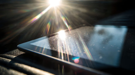 Tablet device reflecting sunlight with a strong lens flare effect. Technology concept with bright light and reflections.の素材