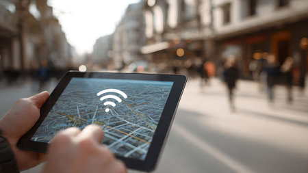 Man using tablet with wifi icon on screen in city. Concept of wireless internet and mobile technology.の素材