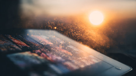 Close-up of a tablet screen displaying colorful images, illuminated by a warm sunset and sparkling dust.の素材