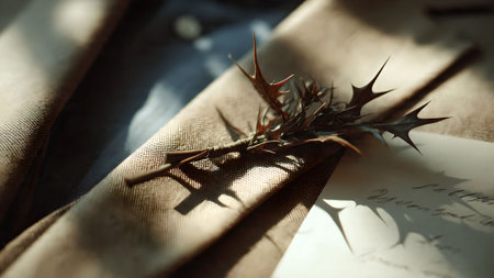 Close-up of a dried thorn branch on folded linen with soft light and shadows. Rustic, natural, and textural.の素材
