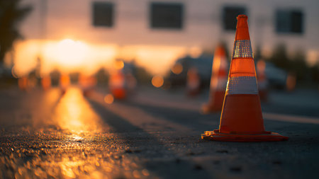 Traffic cones on asphalt road during sunset. Safety cones marking street work. Road construction and safety concept.の素材