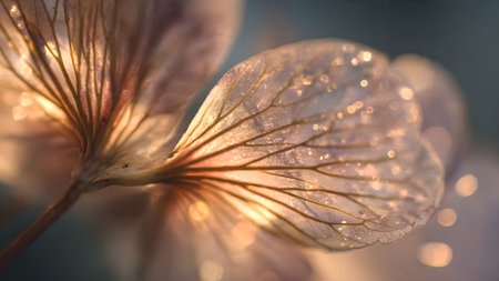 Close-up of a delicate, translucent hydrangea petal with intricate veins, illuminated by soft, warm sunlight creating a dreamy, ethereal atmosphere.の素材