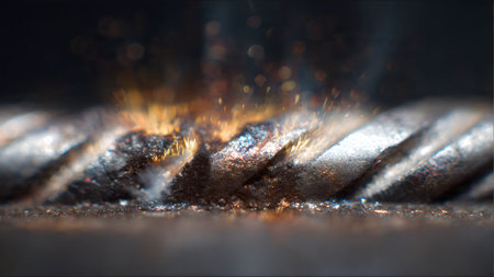 Close-up of welding sparks on a metal cable, showcasing the process of joining metals and the resulting sparks and smoke.の素材