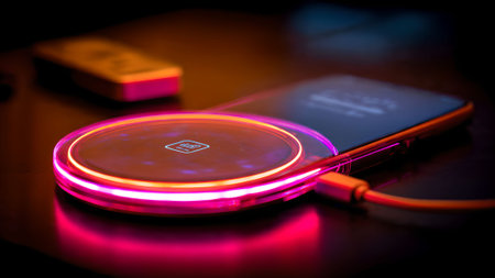 Modern smartphone charging wirelessly on a sleek pad with vibrant LED lighting. Convenient and stylish technology.の素材