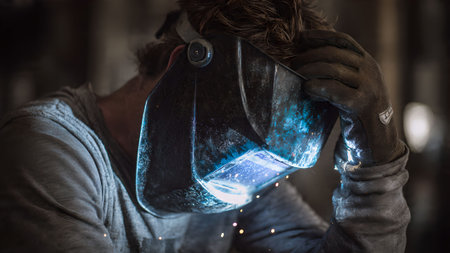 Welder working in workshop with protective mask. Sparks and bright light during welding process. Industry concept.の素材