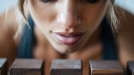 Close-up of a woman smelling aroma blocks, focusing on sensory experience and wellness for stock photography.の素材