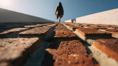 Low angle shot of a woman walking on a brick path towards the horizon under a clear blue sky. Perspective view.の素材