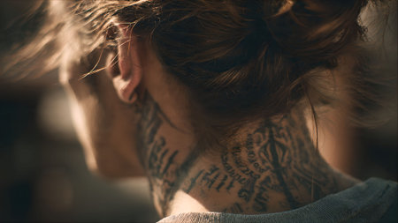Close-up shot of a woman's neck featuring intricate tattoos. Artistic expression and personal style concept.の素材