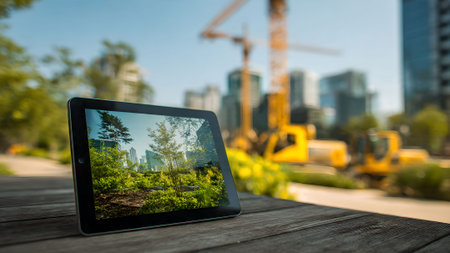 Tablet displaying a green space design with construction in the background, illustrating urban development and sustainability.の素材