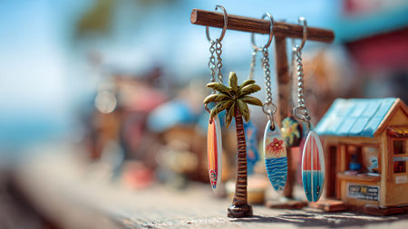 Close-up of tropical keychains featuring palm trees and surfboards, perfect for vacation memories and summer vibes.の素材