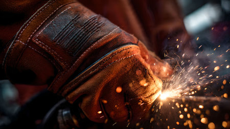Close-up of a welder in action, sparks flying, wearing protective gloves. Focus on industrial craftsmanship and safety.の素材