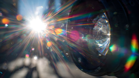 Close-up of a glass object refracting bright sunlight, creating a vibrant and colorful lens flare effect.の素材