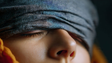 Close-up of a woman with a blindfold. Conceptual image representing sensory deprivation, meditation, or inner peace.の素材