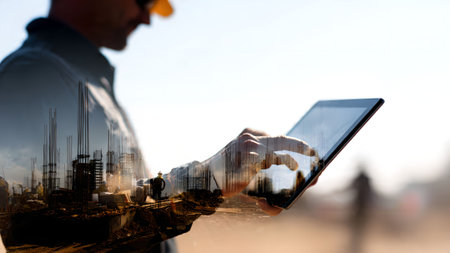 Construction engineer using a tablet at a construction site. Concept of modern technology in construction.の素材