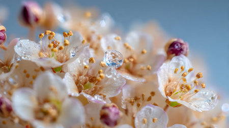Close-up of delicate white flowers with water droplets, showcasing nature's beauty and intricate details. Perfect for backgrounds.の素材