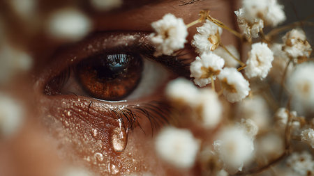 Close-up of a crying eye with a tear and white flowers. Concept of sadness, grief, or emotional pain.の素材