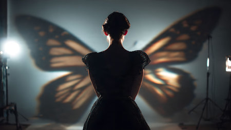 Elegant woman stands before a butterfly shadow art, creating a captivating silhouette and artistic display.の素材