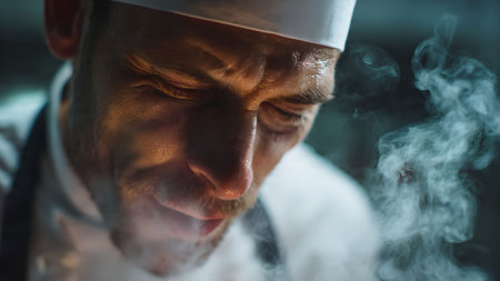 Close-up of a chef in a hot kitchen with steam rising around him, showing an intense and focused expression.の素材