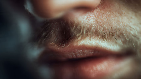 Detailed close-up of a man's mouth and stubble, highlighting texture and detail in soft, moody lighting.の素材