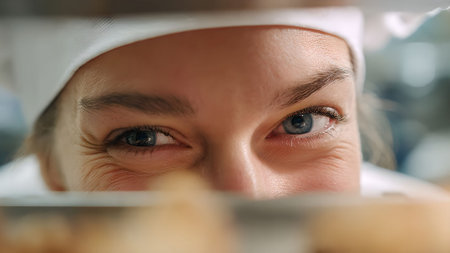 Close-up of a smiling female baker in a white hat looking at freshly baked goods. Focus on her eyes.の素材