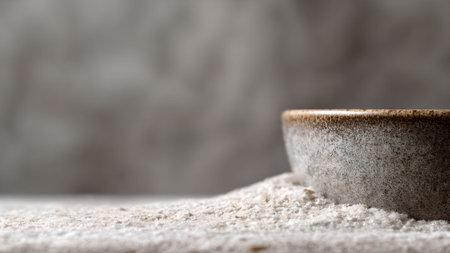 A minimalist composition featuring a ceramic bowl resting on a textured white powder surface, emphasizing simplicity and texture.の素材