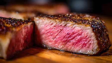Close-up of a perfectly cooked medium-rare steak slice on a wooden board, showcasing its tenderness and flavor.の素材