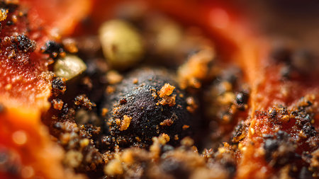Macro shot of papaya seeds with a spicy flavor, showcasing their unique texture and color.の素材