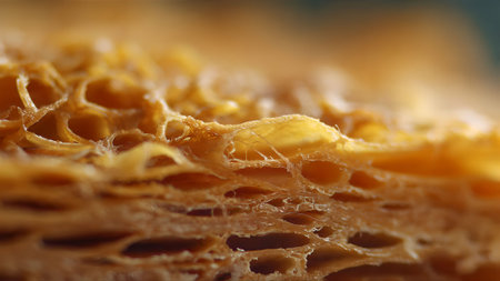 Macro shot showcasing the intricate, airy interior texture of a freshly baked croissant, highlighting its flaky layers.の素材
