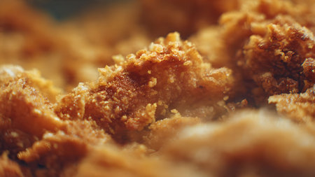 Macro shot of crispy fried chicken pieces, showcasing the golden-brown, textured surface. Delicious fast food detail.の素材