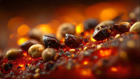 Close-up shot of roasted coffee beans with a warm, inviting glow, perfect for illustrating coffee culture.の素材