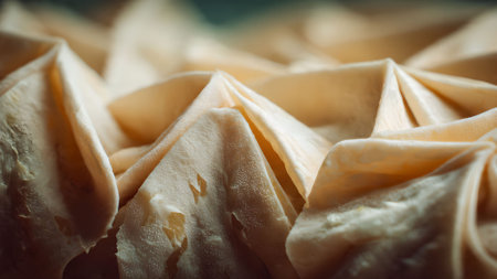 Macro shot of golden baklava layers, showcasing intricate folds and textures. Ideal for food blogs and dessert promotions.の素材