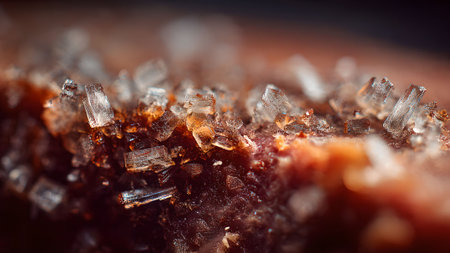 Macro shot of sugar crystals on food surface. Close up view of crystalline structure on dessert.の素材