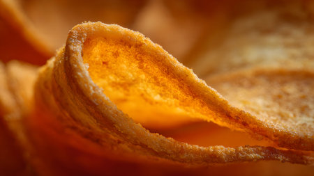 Macro shot of a golden potato chip showing its texture and detail, perfect for snack or food-related themes.の素材