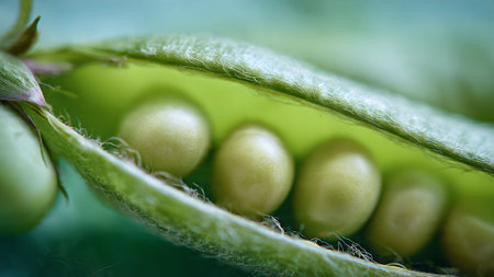 Macro shot of fresh green peas inside a pod. Healthy eating and organic food concept. Selective focus.の素材