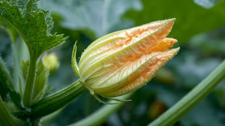 Close-up of a zucchini flower bud, showcasing its delicate petals and vibrant colors, ready to bloom in the garden.の素材