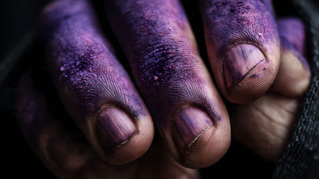 Close-up of a hand stained with purple ink, showcasing the texture and color of the ink on the skin and nails.の素材