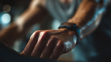 Close-up of a sweaty hand gripping the handle of an exercise bike during an intense indoor cycling workout.の素材