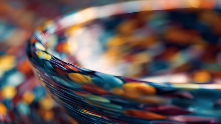 Close-up of a vibrant, multicolored glass bowl showcasing an abstract pattern. Decorative glass art detail.の素材