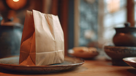 A brown paper bag sits on a plate in a warm, inviting restaurant setting with blurred background details.の素材