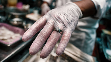 Close-up of a chef's hand wearing a ring and a glove, dusted with flour, in a commercial kitchen setting.の素材