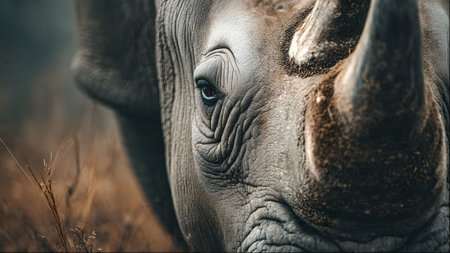 Detailed portrait of a rhinoceros, showcasing its powerful horn, wrinkled skin, and intense gaze. Wildlife photography.の素材