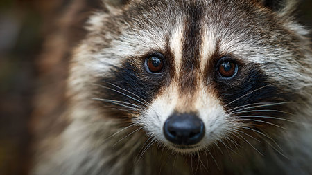 Close-up portrait of a raccoon with its distinctive black mask, brown eyes, and detailed fur. Wildlife photography.の素材