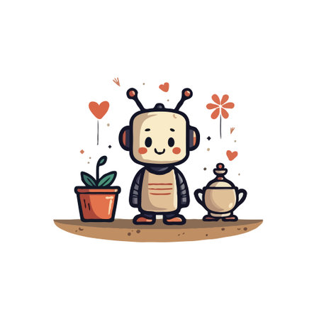 Charming vector illustration of a cute robot standing next to a potted plant and a trophy. Ideal for children's content.のイラスト素材