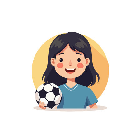Cheerful cartoon illustration of a young girl holding a soccer ball, perfect for sports and childhood themes.のイラスト素材
