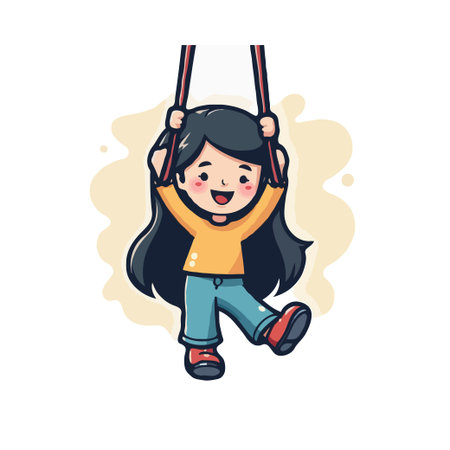 Adorable cartoon illustration of a cheerful girl swinging on a rope, perfect for children's content and playful themes.のイラスト素材