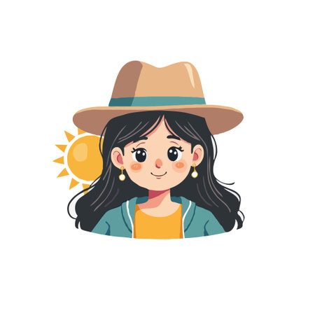 Cute cartoon illustration of a girl wearing a hat with a sun in the background, perfect for children's content.のイラスト素材