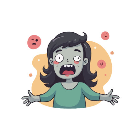 Cartoon illustration of a stressed zombie girl surrounded by angry emoticons. Concept for anxiety, fear, and panic.のイラスト素材